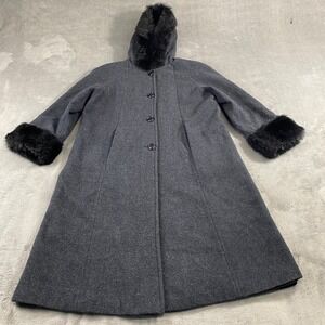 JP 1893 Coat Womens Petite Charcoal Gray 100% Wool Faux Fur Trim Hooded Long VTG